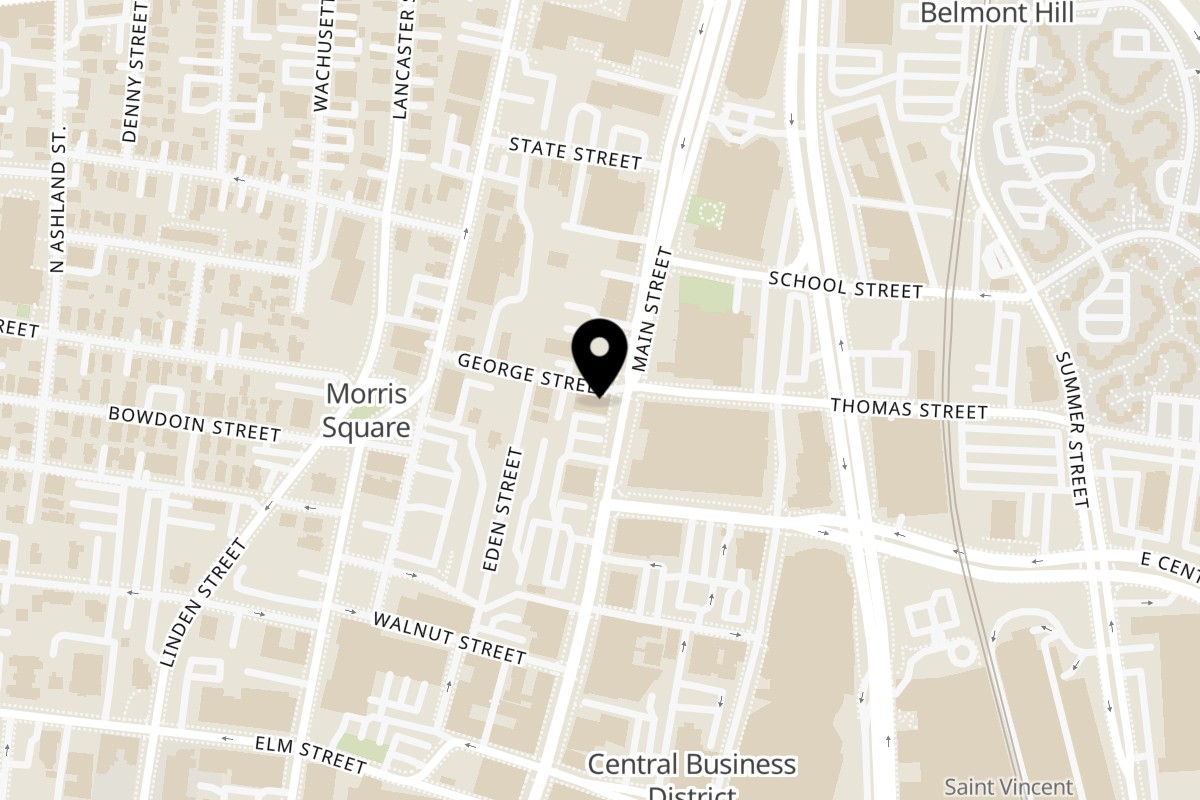 Map showing the location of Garden Fresh Courthouse Cafe on 204 Main St in Worcester